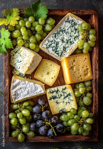 Overhead Shot of Assorted Cheeses and Grapes on Wooden Tray