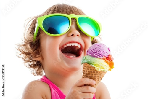 A joyful child with bright green sunglasses happily enjoys a colorful ice cream cone.