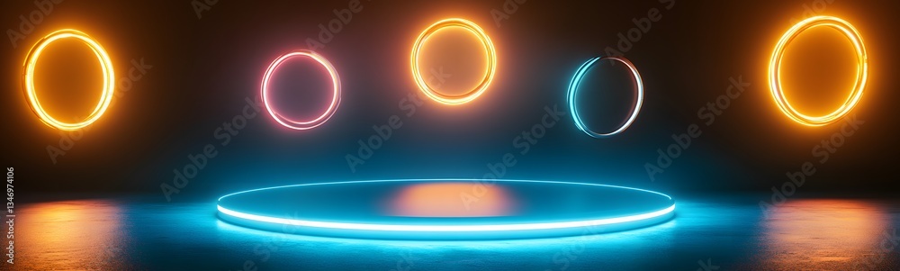 A levitating podium with anti-gravity energy, surrounded by floating neon rings.