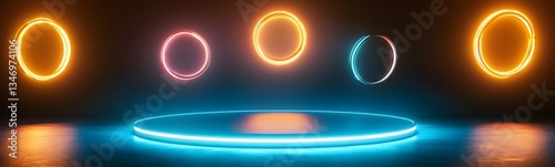Obraz na płótnie A levitating podium with anti-gravity energy, surrounded by floating neon rings. w salonie