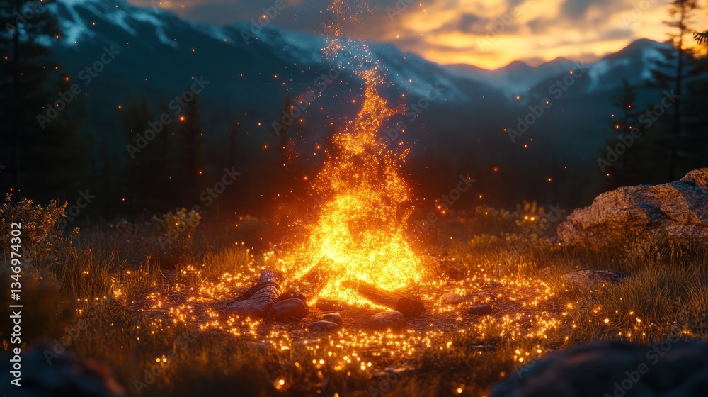 A cowboy campfire scene where the flames project holographic images of the Old West legends A cowboy campfire scene where the flames project holographic images of the Old West legends