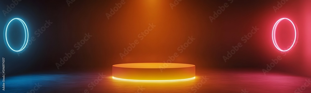 A levitating podium with anti-gravity energy, surrounded by floating neon rings.