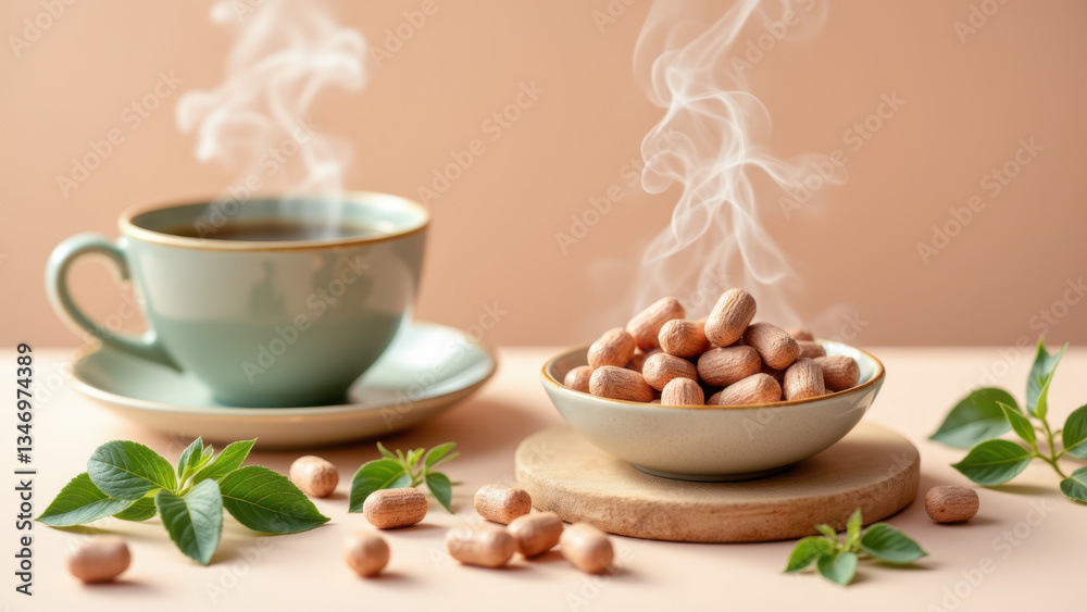 Fototapeta premium An image featuring a cup of hot beverage with magnesium glycinate capsules scattered around it on a wooden surface.