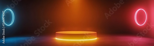 Obraz na płótnie A levitating podium with anti-gravity energy, surrounded by floating neon rings. w salonie