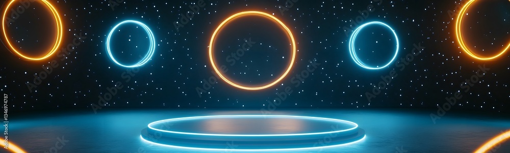 A levitating podium with anti-gravity energy, surrounded by floating neon rings.