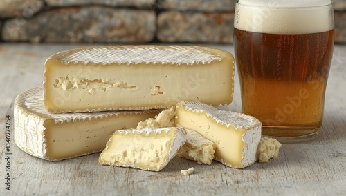 Pale Ale and Creamy Cheese Wheel Slices on Rustic Table