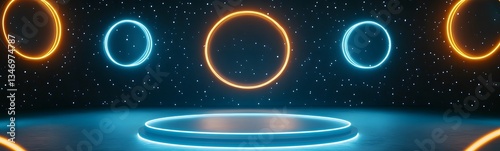 A levitating podium with anti-gravity energy, surrounded by floating neon rings.