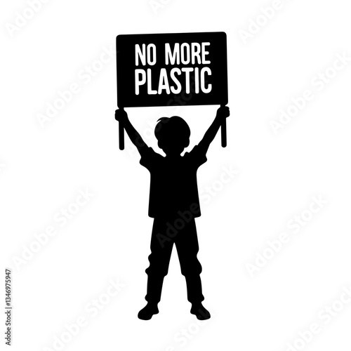Child protesting against plastic with sign silhouette