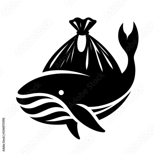 Whale with trash bag silhouette symbolizing ocean pollution