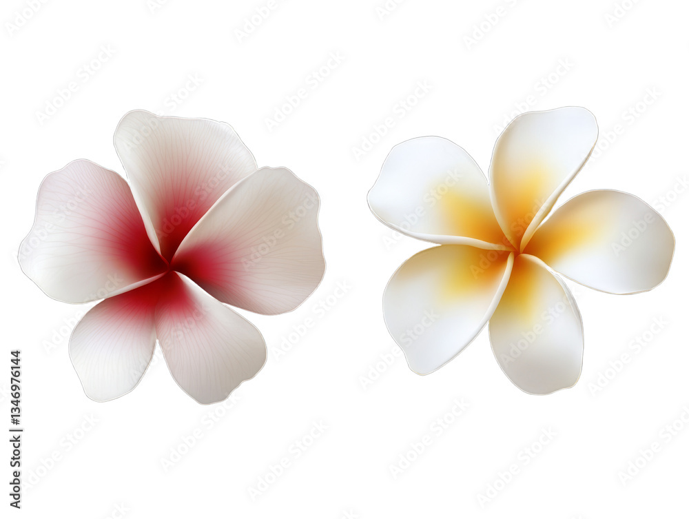 Naklejka premium Two separate plumeria flowers display their delicate petals, one featuring deep red shades at the center and the other showcasing soft yellow tones. The natural beauty is evident in the floral details
