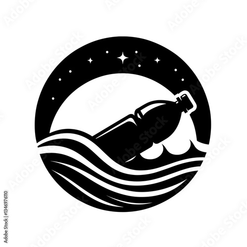 Plastic bottle in ocean silhouette symbolizing marine waste