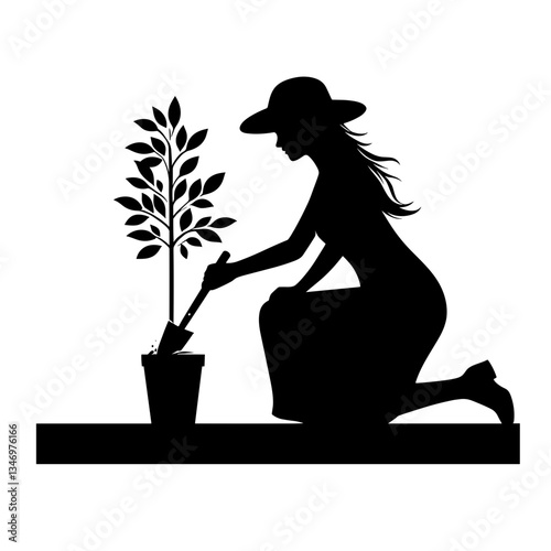 Woman planting tree silhouette as reforestation concept