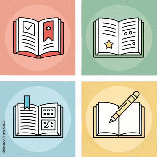 Open Book Line Icons Set – Reading, Study, Knowledge, Library Vector Editable Stroke