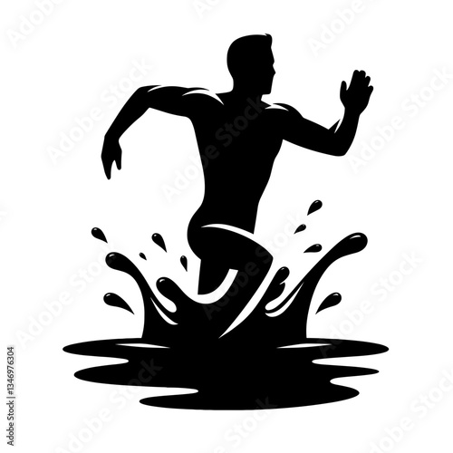 Man running in polluted water silhouette as crisis symbol