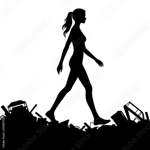 Woman walking on trash silhouette as overconsumption symbol