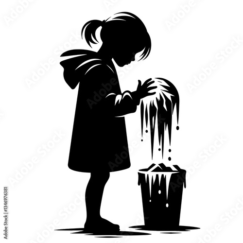 Girl with overflowing trash can silhouette as waste crisis symbol