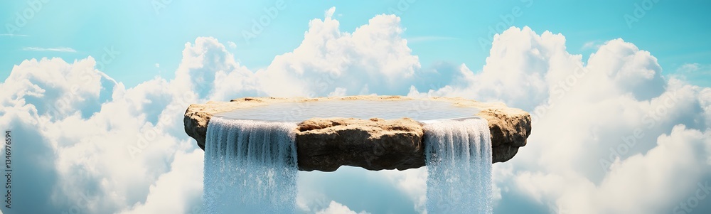 A floating rock platform podium, surrounded by waterfalls cascading into the sky.