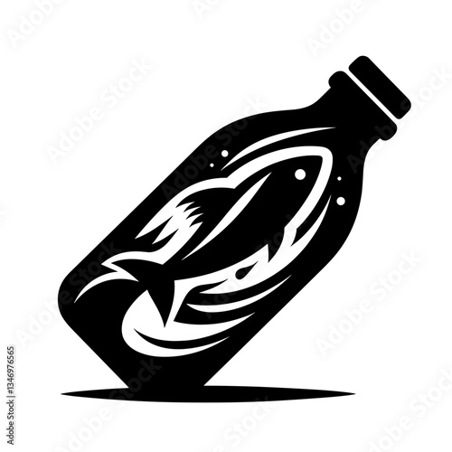 Fish in tilted bottle silhouette as ocean pollution symbol
