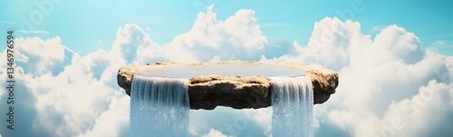 Obraz na płótnie A floating rock platform podium, surrounded by waterfalls cascading into the sky. w salonie