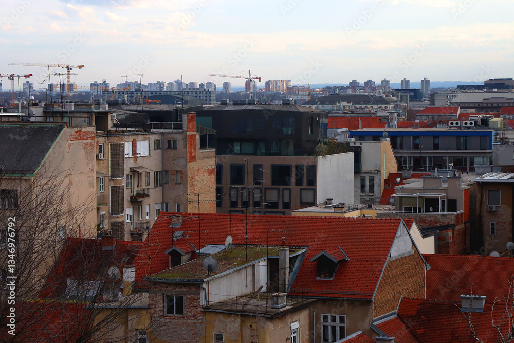 Various historic and contemporary buildings in downtown Zagreb, Croatia.