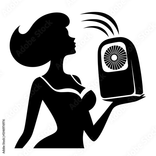 Woman with air purifier silhouette as clean air concept