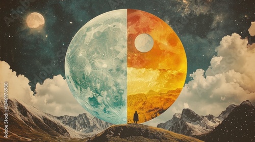 Gigantic split planet with one side resembling the moon and the other showing mountain landscapes. A person stands on a hill under a starry sky with clouds and moons. Scene combines cosmic and terrest
