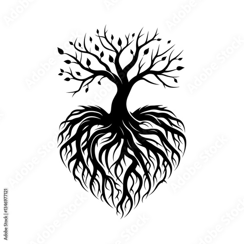 Tree with roots in heart shape as symbol of love for nature