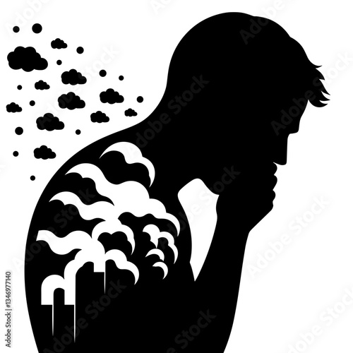 Man with factory smoke silhouette as symbol of pollution impact