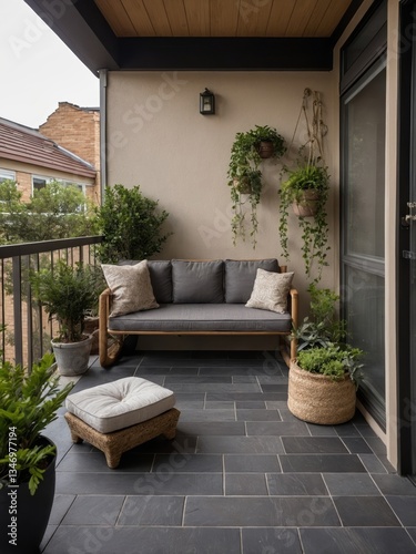 A cozy balcony space with furniture and decorative plants
