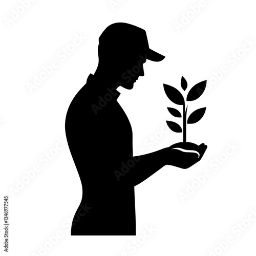 Man holding seedling silhouette symbolizing responsibility