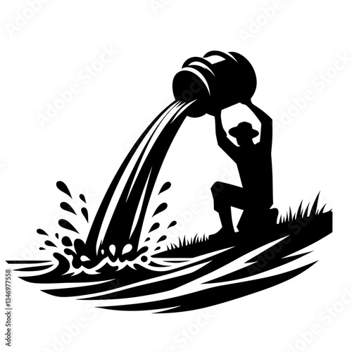 Man pouring water into river silhouette symbolizing resource use