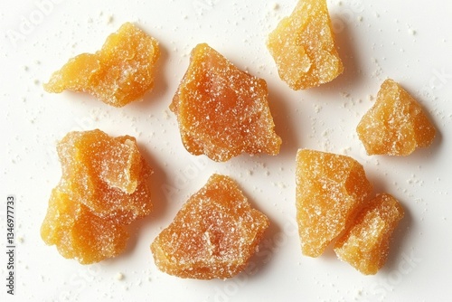 Overhead Shot of Amber Candied Ginger Pieces on White Background