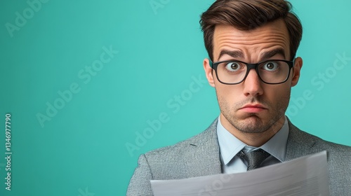 Shocked businessman holding documents with a turquoise background looks surprised