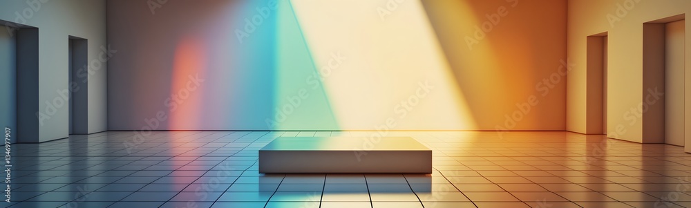 A glass-like podium refracting rainbow light, set in a futuristic exhibition hall.
