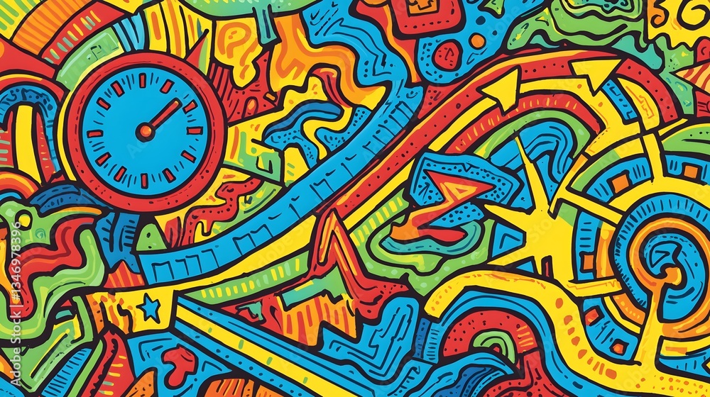 Vibrant Abstract Pattern with Colorful Swirls and Dynamic Shapes Featuring Clock Elements Vibrant Abstract Pattern with Colorful Swirls and Dynamic Shapes Featuring Clock Elements