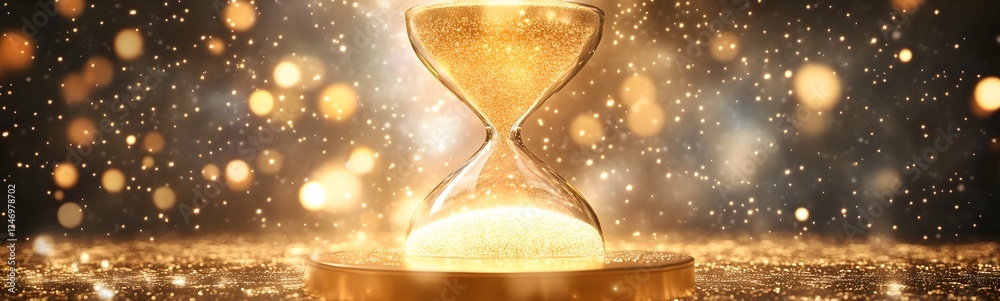 A golden hourglass-shaped podium with glowing sand continuously flowing.