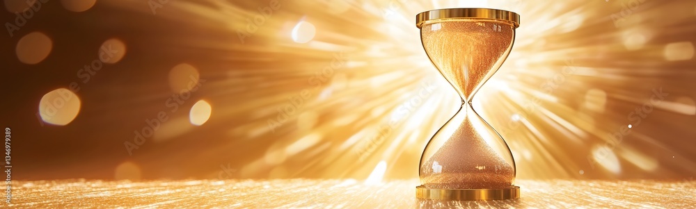 A golden hourglass-shaped podium with glowing sand continuously flowing.