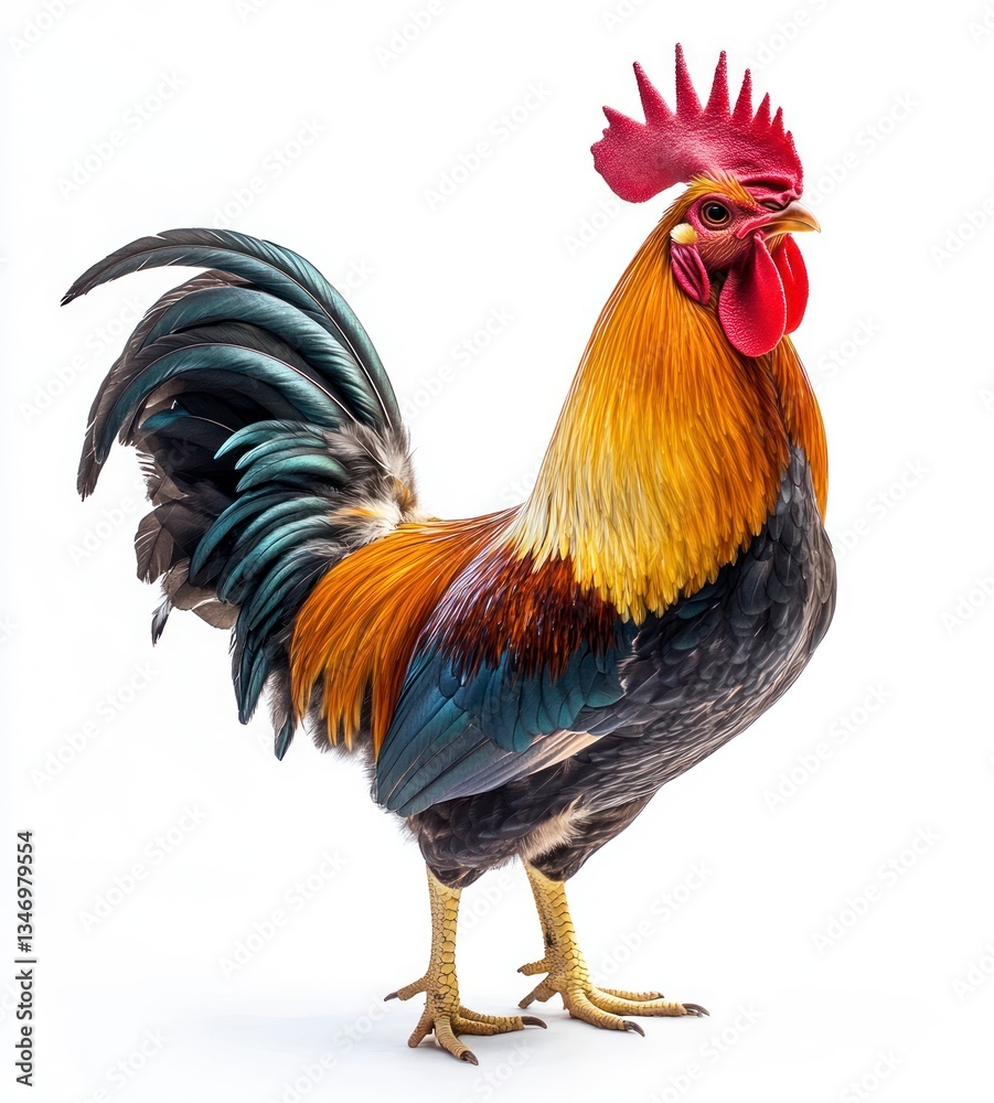 Fototapeta premium Standing Rooster with Vivid Plumage and Red Comb on White Background