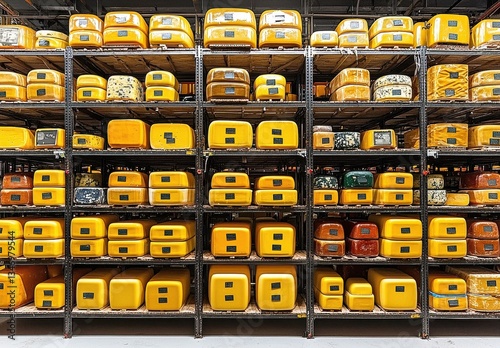 Rows of Aged Cheese Blocks on Metal Shelving in a Warehouse