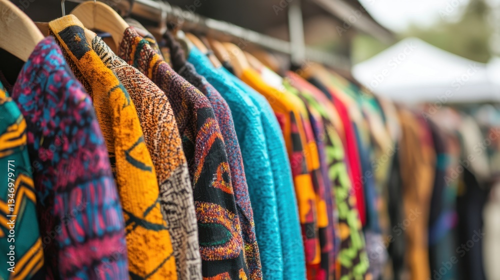 Colorful handmade clothing hangs on display at a market stall, showcasing vibrant patterns and textures that highlight unique designs and upcycled materials Colorful handmade clothing hangs on display at a market stall, showcasing vibrant patterns and textures that highlight unique designs and upcycled materials