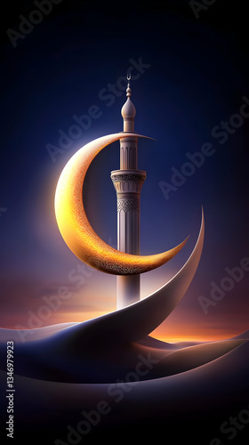 Golden Crescent Moon with Mosque Minaret Against a Dusk Sky