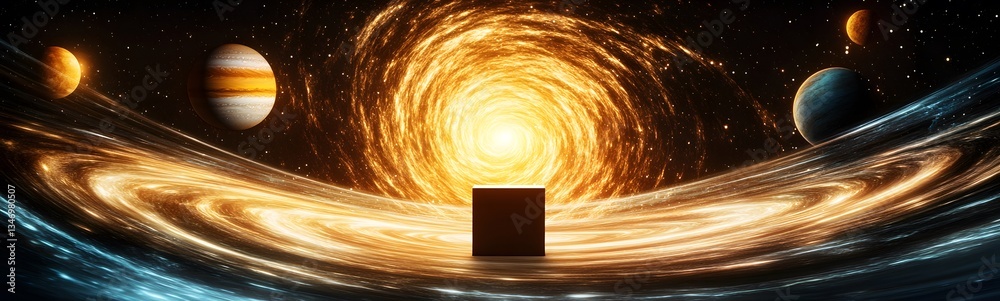A podium inside a swirling cosmic vortex, with distant planets in view.