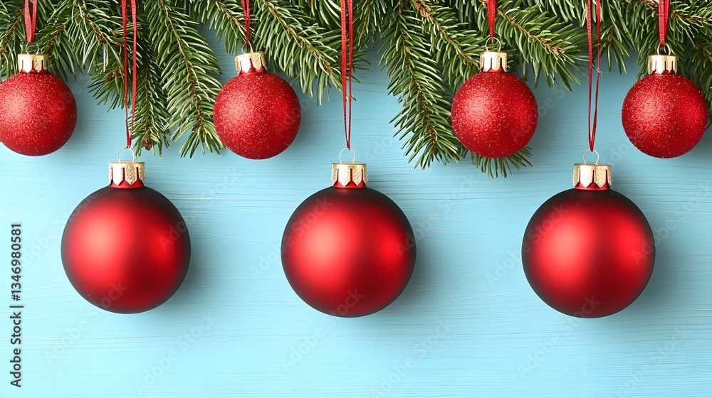 Red Christmas Ornaments Hanging from Evergreen Branches Against a Light Blue Wooden Background Red Christmas Ornaments Hanging from Evergreen Branches Against a Light Blue Wooden Background