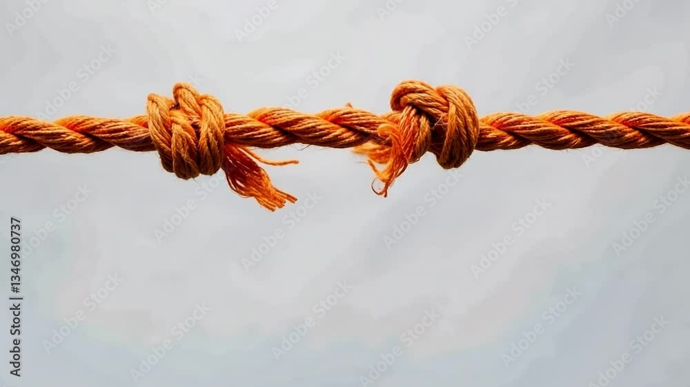 An orange rope with two knots signifies struggle and tension. It is an ideal concept for themes about conflict and resolution. Minimalist style with a simple background. Generative AI