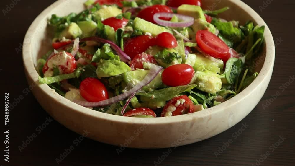 close-up of a fresh and colorful spring salad in a bowl, featuring crisp lettuce, juicy tomatoes, cucumbers, and other vibrant ingredients. a healthy and refreshing dish perfect for any meal close-up of a fresh and colorful spring salad in a bowl, featuring crisp lettuce, juicy tomatoes, cucumbers, and other vibrant ingredients. a healthy and refreshing dish perfect for any meal