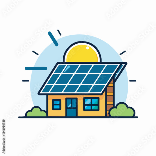 Sunlit eco house vector illustration representing renewable energy, solar panels, and modern sustainable architecture.