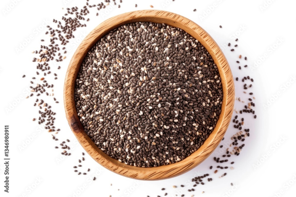 A wooden bowl filled with chia seeds, a superfood rich in nutrients and fiber. A wooden bowl filled with chia seeds, a superfood rich in nutrients and fiber.