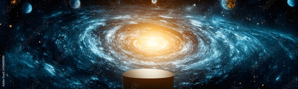 A podium inside a swirling cosmic vortex, with distant planets in view.