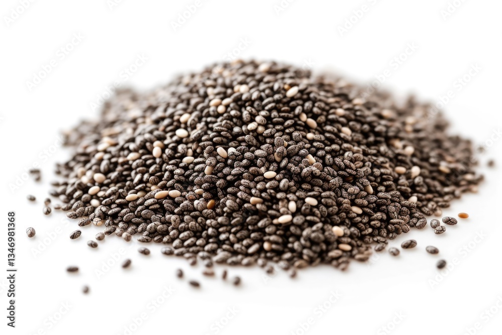 A close-up shot of a pile of chia seeds, showcasing their dark color and small size. A close-up shot of a pile of chia seeds, showcasing their dark color and small size.