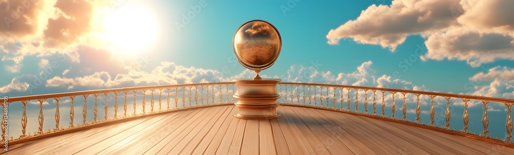 A podium resting on the deck of a floating steampunk airship.
